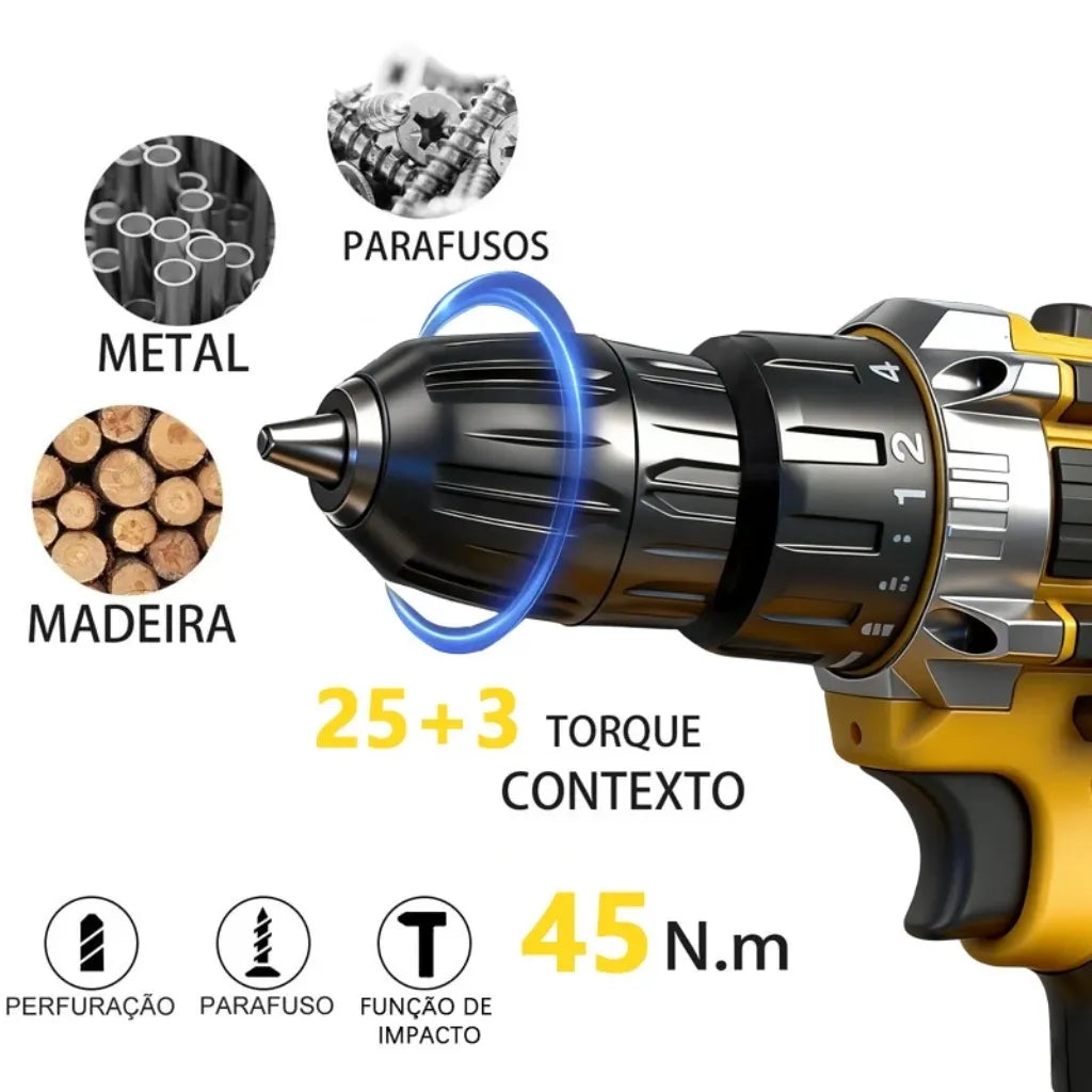 Furadeira e Parafusadeira de Impacto à Bateria 21V BIVOLT com Kit Brocas
