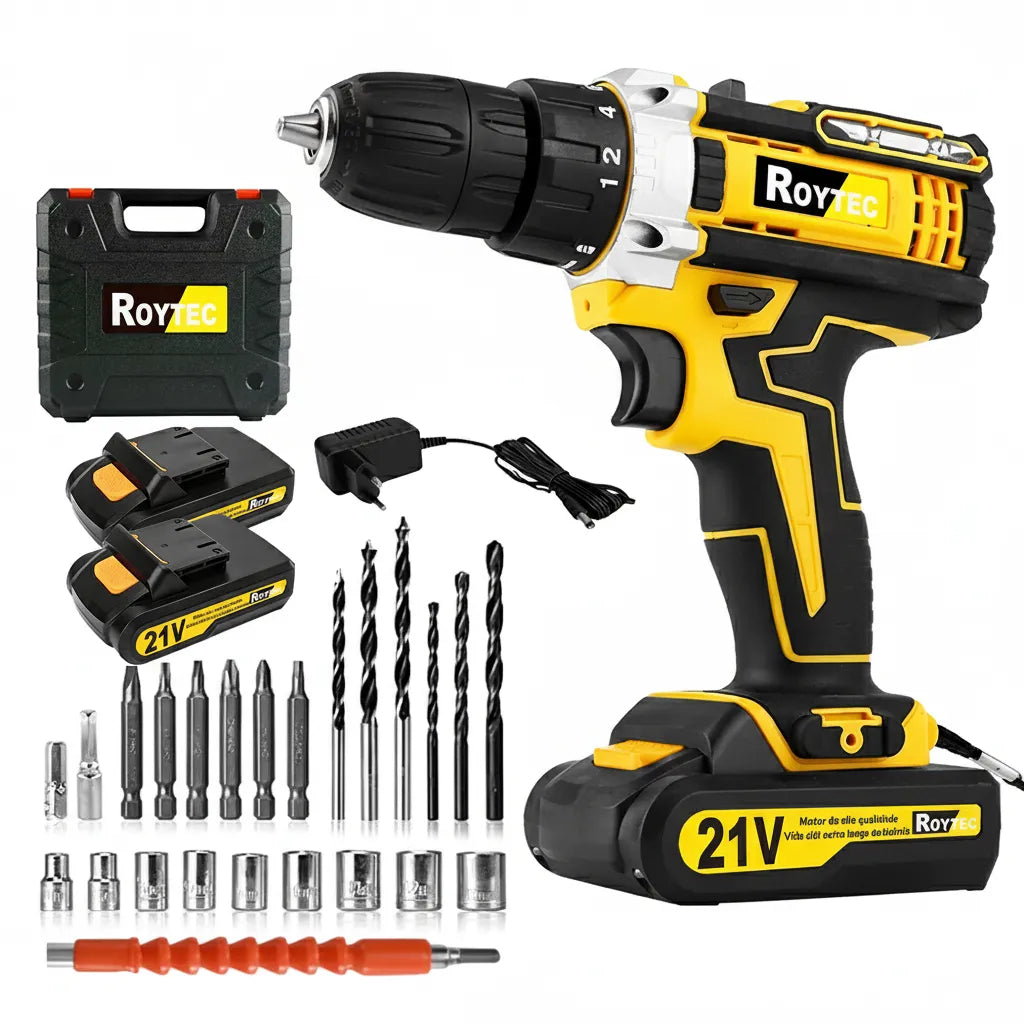 Parafusadeira Furadeira elétrica impacto 21V 2 Baterias Com Maleta e Acessórios Completo 110v/220v