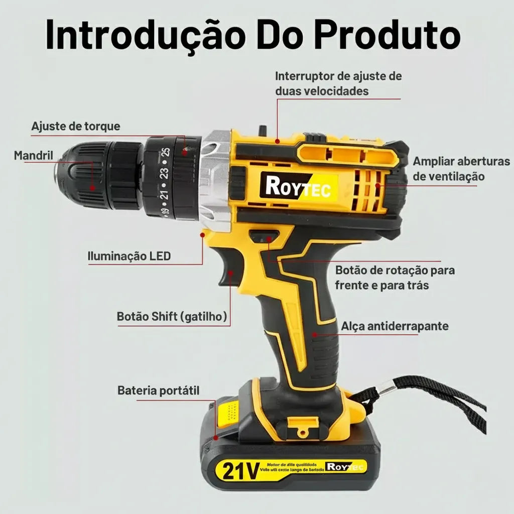 Parafusadeira Furadeira elétrica impacto 21V 2 Baterias Com Maleta e Acessórios Completo 110v/220v