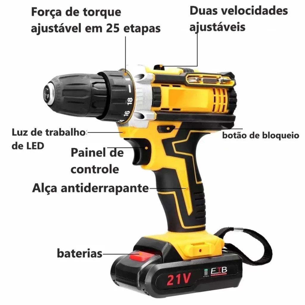 Furadeira e Parafusadeira de Impacto à Bateria 21V BIVOLT com Kit Brocas