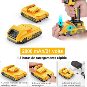 Furadeira e Parafusadeira de Impacto à Bateria 21V BIVOLT com Kit Brocas