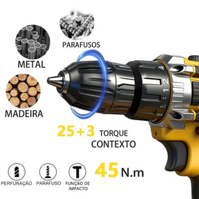 Furadeira e Parafusadeira de Impacto à Bateria 21V BIVOLT com Kit Brocas