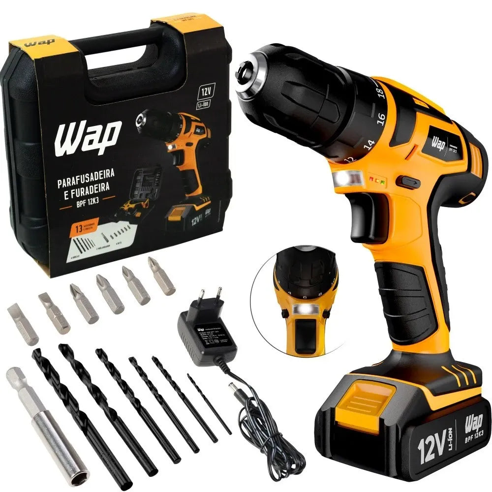 Furadeira Parafusadeira WAP BPF 12K3 a Bateria 12V Com Kit de Brocas e Bits