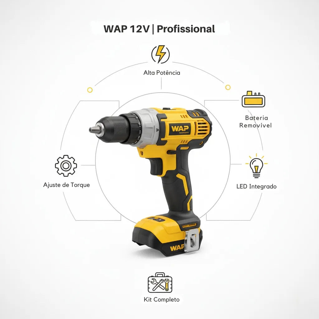 Furadeira Parafusadeira WAP BPF 12K3 a Bateria 12V Com Kit de Brocas e Bits