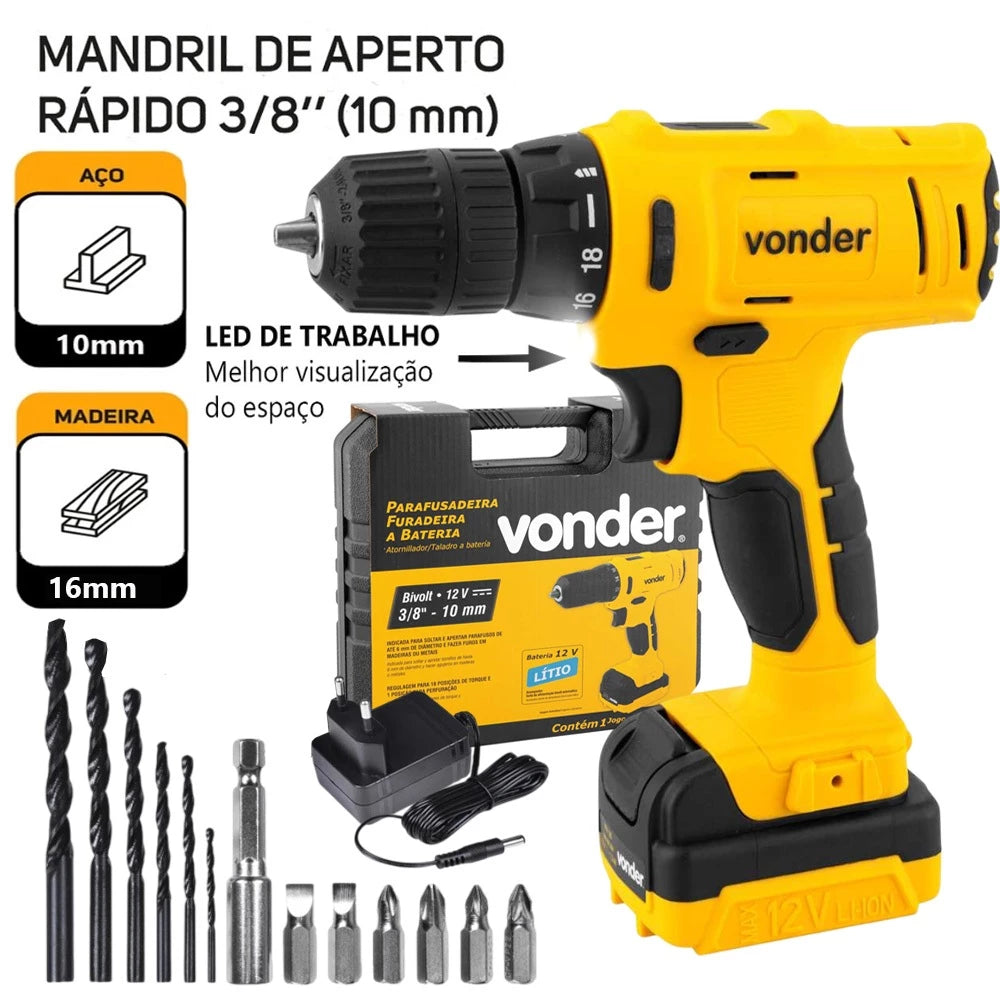Parafusadeira Furadeira Profissional 12V PFV120 Bivolt + Broca Bits Maleta